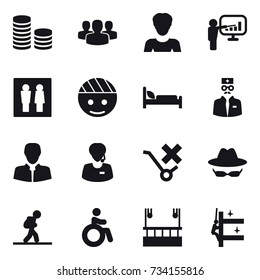 16 vector icon set : coin stack, group, woman, presentation, wc, tourist, invalid, skyscapers cleaning, skyscrapers cleaning