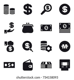 16 vector icon set : coin stack, dollar, dollar magnifier, investment, purse, money, money gift, dollar arrow, virtual mining, crypto currency, wallet, atm