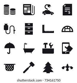 16 vector icon set : coin stack, newspaper, electric car, account balance, ruler, greenhouse, bath, repair tools, colander, meat hammer, spruce, hard reach place cleaning