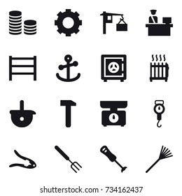 16 vector icon set : coin stack, gear, safe, radiator, kitchen scales, handle scales, walnut crack, big fork, rake