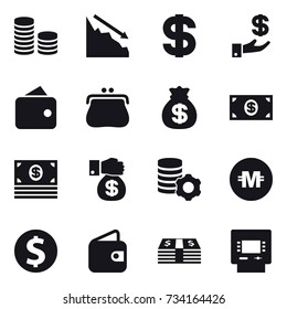 16 vector icon set : coin stack, crisis, dollar, investment, wallet, purse, money bag, money, money gift, virtual mining, crypto currency, dollar coin, atm