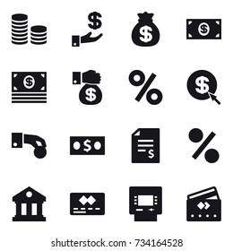 16 vector icon set : coin stack, investment, money bag, money, money gift, percent, dollar arrow, hand coin, account balance, library, atm, credit card