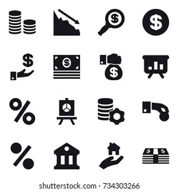16 vector icon set : coin stack, crisis, dollar magnifier, dollar, investment, money, money gift, presentation, percent, virtual mining, hand coin, library, real estate