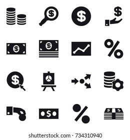 16 vector icon set : coin stack, dollar magnifier, dollar, investment, money, statistic, percent, dollar arrow, presentation, core splitting, virtual mining, hand coin