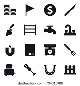 16 vector icon set : coin stack, flag, dollar coin, construction, water tap, kitchen scales, big fork, horseshoe, grain elevator