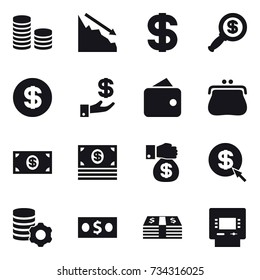 16 vector icon set : coin stack, crisis, dollar, dollar magnifier, investment, wallet, purse, money, money gift, dollar arrow, virtual mining, atm