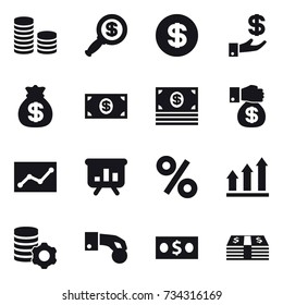 16 vector icon set : coin stack, dollar magnifier, dollar, investment, money bag, money, money gift, statistic, presentation, percent, graph up, virtual mining, hand coin