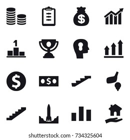 16 vector icon set : coin stack, clipboard, money bag, diagram, pedestal, trophy, bulb head, graph up, dollar coin, money, stairs, golf, housing