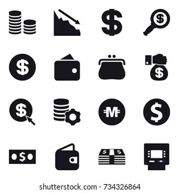 16 vector icon set : coin stack, crisis, dollar, dollar magnifier, wallet, purse, money gift, dollar arrow, virtual mining, crypto currency, dollar coin, money, atm