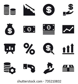 16 vector icon set : coin stack, crisis, dollar, investment, money bag, money, statistic, presentation, percent, dollar arrow, graph up, virtual mining, hand coin, real estate
