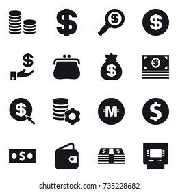 16 vector icon set : coin stack, dollar, dollar magnifier, investment, purse, money bag, money, dollar arrow, virtual mining, crypto currency, dollar coin, wallet, atm