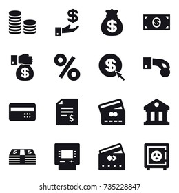 16 vector icon set : coin stack, investment, money bag, money, money gift, percent, dollar arrow, hand coin, credit card, account balance, library, atm, safe