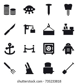 16 vector icon set : coin stack, ufo, nail, vip fence, safe, big fork, knife holder, shovel