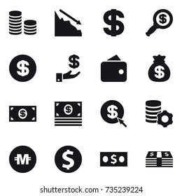 16 vector icon set : coin stack, crisis, dollar, dollar magnifier, investment, wallet, money bag, money, dollar arrow, virtual mining, crypto currency, dollar coin