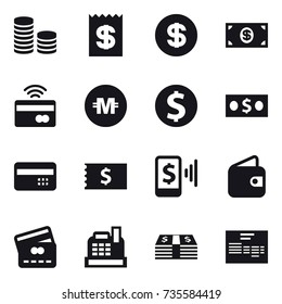 16 vector icon set : coin stack, receipt, dollar, money, tap to pay, crypto currency, dollar coin, credit card, mobile pay, wallet, cashbox