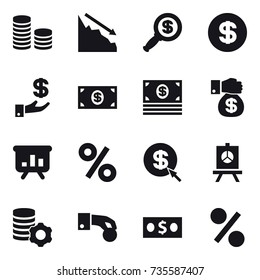 16 vector icon set : coin stack, crisis, dollar magnifier, dollar, investment, money, money gift, presentation, percent, dollar arrow, virtual mining, hand coin