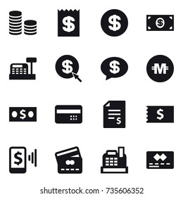16 vector icon set : coin stack, receipt, dollar, money, cashbox, dollar arrow, money message, crypto currency, credit card, account balance, mobile pay