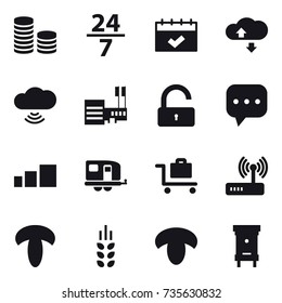 16 vector icon set : coin stack, 24/7, calendar, cloude service, cloud wireless, mall, unlock, trailer, baggage trolley, spikelets, mushroom, hive