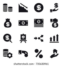 16 vector icon set : coin stack, crisis, dollar, investment, money bag, money, money gift, dollar arrow, presentation, core splitting, graph up, virtual mining, hand coin, percent, real estate