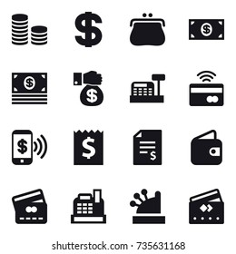 16 vector icon set : coin stack, dollar, purse, money, money gift, cashbox, tap to pay, phone pay, receipt, account balance, wallet, credit card