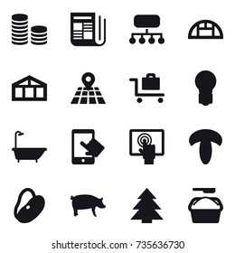 16 vector icon set : coin stack, newspaper, structure, greenhouse, baggage trolley, bulb, bath, pig, spruce, washing powder