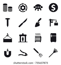16 vector icon set : coin stack, around gear, ufo, dollar coin, nail, construction, detector, radiator, fridge, walnut crack, big fork, rake