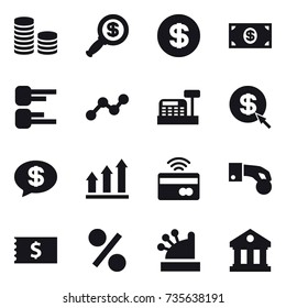 16 vector icon set : coin stack, dollar magnifier, dollar, money, diagram, graph, cashbox, dollar arrow, money message, graph up, tap to pay, hand coin, receipt, percent, library