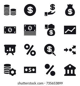 16 vector icon set : coin stack, dollar, investment, money bag, money, money gift, statistic, presentation, percent, dollar arrow, core splitting, virtual mining, library