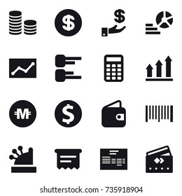 16 vector icon set : coin stack, dollar, investment, diagram, statistic, calculator, graph up, crypto currency, dollar coin, wallet, barcode, cashbox, atm receipt, credit card
