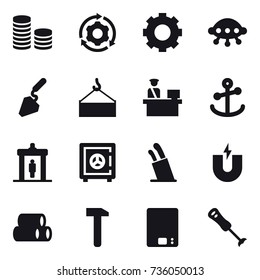 16 vector icon set : coin stack, around gear, gear, ufo, construction, detector, safe, stands for knives, kitchen scales