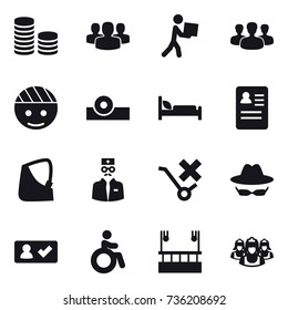 16 vector icon set : coin stack, group, courier, check in, invalid, skyscapers cleaning, outsource