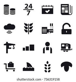 16 vector icon set : coin stack, 24/7, calendar, newspaper, cloud wireless, mall, unlock, tower crane, trailer, baggage trolley, shark flipper, spikelets, mushroom