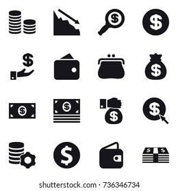 16 vector icon set : coin stack, crisis, dollar magnifier, dollar, investment, wallet, purse, money bag, money gift, dollar arrow, virtual mining, dollar coin