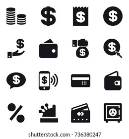 16 vector icon set : coin stack, dollar, receipt, investment, wallet, money gift, dollar arrow, money message, phone pay, credit card, percent, cashbox, safe