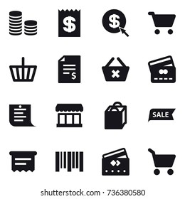 16 vector icon set : coin stack, receipt, dollar arrow, cart, basket, account balance, delete cart, credit card, shopping list, market, shopping bag, sale, atm receipt