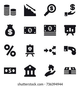 16 vector icon set : coin stack, crisis, dollar magnifier, investment, money bag, money, presentation, percent, core splitting, hand coin, library, real estate