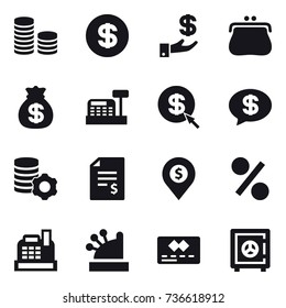 16 vector icon set : coin stack, dollar, investment, purse, money bag, cashbox, dollar arrow, money message, virtual mining, account balance, dollar pin, percent, safe