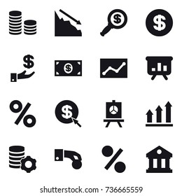 16 vector icon set : coin stack, crisis, dollar magnifier, dollar, investment, money, statistic, presentation, percent, dollar arrow, graph up, virtual mining, hand coin, library