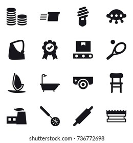 16 vector icon set : coin stack, delivery, bulb, ufo, tennis, windsurfing, bath, surveillance camera, chair, skimmer, rolling pin, sponge