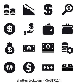 16 vector icon set : coin stack, crisis, dollar, dollar magnifier, investment, wallet, purse, money bag, money, virtual mining, crypto currency, dollar coin