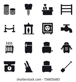 16 vector icon set : coin stack, vip fence, detector, safe, water tap, radiator, fridge, toaster, kitchen scales, knife holder, shovel
