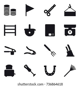 16 vector icon set : coin stack, flag, kitchen scales, garlic clasp, walnut crack, big fork, knife holder, horseshoe, rake