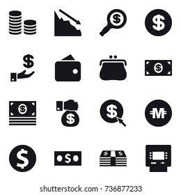 16 vector icon set : coin stack, crisis, dollar magnifier, dollar, investment, wallet, purse, money, money gift, dollar arrow, crypto currency, dollar coin, atm