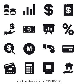 16 vector icon set : coin stack, graph, dollar, receipt, investment, money, presentation, percent, dollar arrow, crypto currency, hand coin, credit card, calculator, atm, housing
