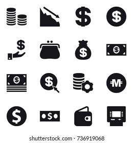 16 vector icon set : coin stack, crisis, dollar, investment, purse, money bag, money, dollar arrow, virtual mining, crypto currency, dollar coin, wallet, atm