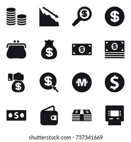 16 vector icon set : coin stack, crisis, dollar magnifier, dollar, purse, money bag, money, money gift, dollar arrow, crypto currency, dollar coin, wallet, atm