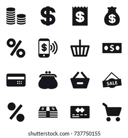 16 vector icon set : coin stack, dollar, receipt, money bag, percent, phone pay, basket, money, credit card, purse, remove from basket, sale, cart
