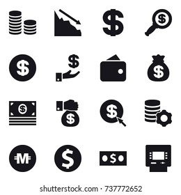 16 vector icon set : coin stack, crisis, dollar, dollar magnifier, investment, wallet, money bag, money, money gift, dollar arrow, virtual mining, crypto currency, dollar coin, atm