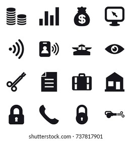 16 vector icon set : coin stack, graph, money bag, monitor arrow, wireless, pass card, scales, suitcase, home, locked, blower