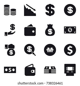 16 vector icon set : coin stack, crisis, dollar, investment, wallet, money bag, money, money gift, dollar arrow, crypto currency, dollar coin, atm
